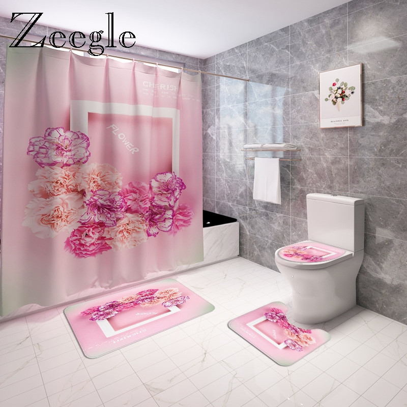 Ar ziediem apdrukātu vannas istabas paklāju paklāju vannas paklājiņa komplekts Poliestera ūdensnecaurlaidīgs dušas aizkaru mājas dekors tualetes paklājiņš pret slīdēšanu kājām