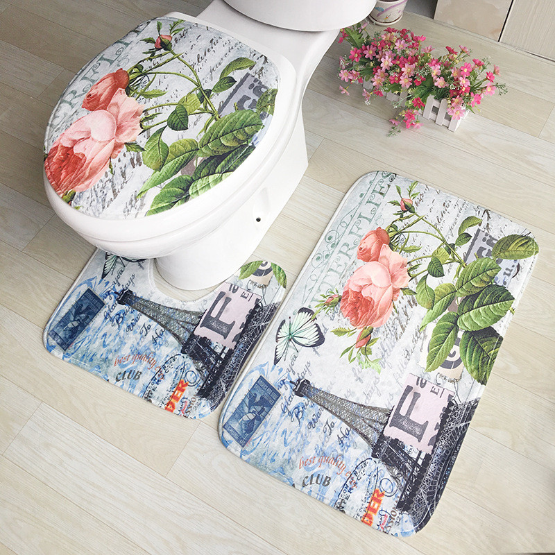 Ziedu flaneļa vannas paklājs Vannas istabas paklāju komplekts dušas istabas kāju paklājiņš tualetes pjedestāls paklājs Vannas istabas paklājs Pretslīdes grīdas paklāji