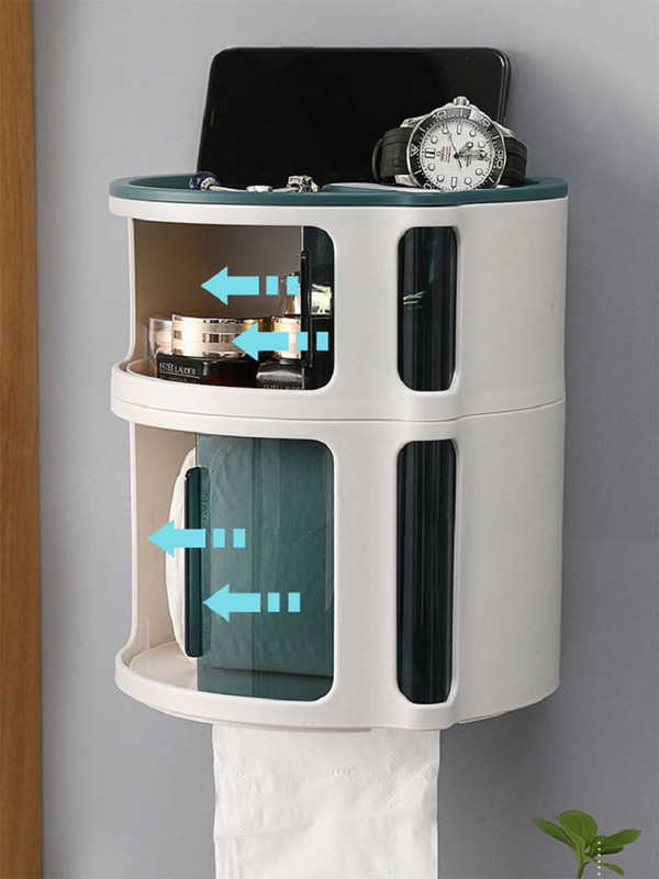 Daudzfunkcionāls pie sienas stiprināms salvešu kastes ūdensnecaurlaidīgs ruļļu turētājs kosmētikas glabāšanas statīvs Vannas istabas uzglabāšanas kastes tualetes papīra turētājs