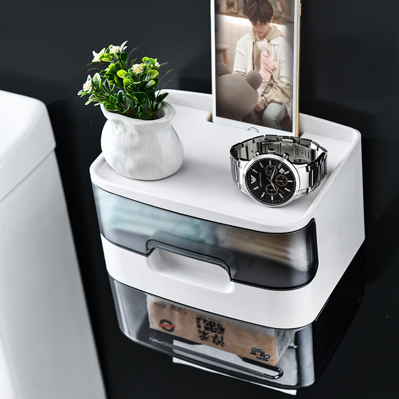 Ziemeļvalstu stila daudzfunkcionāla salvešu kaste, pie sienas stiprināma atvilktņu kaste, ruļļpapīra kaste, lielas ietilpības glabāšanas plaukts vannas istabas piederumi