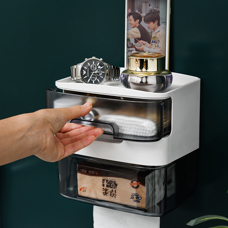 Ziemeļvalstu stila daudzfunkcionāla salvešu kaste, pie sienas stiprināma atvilktņu kaste, ruļļpapīra kaste, lielas ietilpības glabāšanas plaukts vannas istabas piederumi