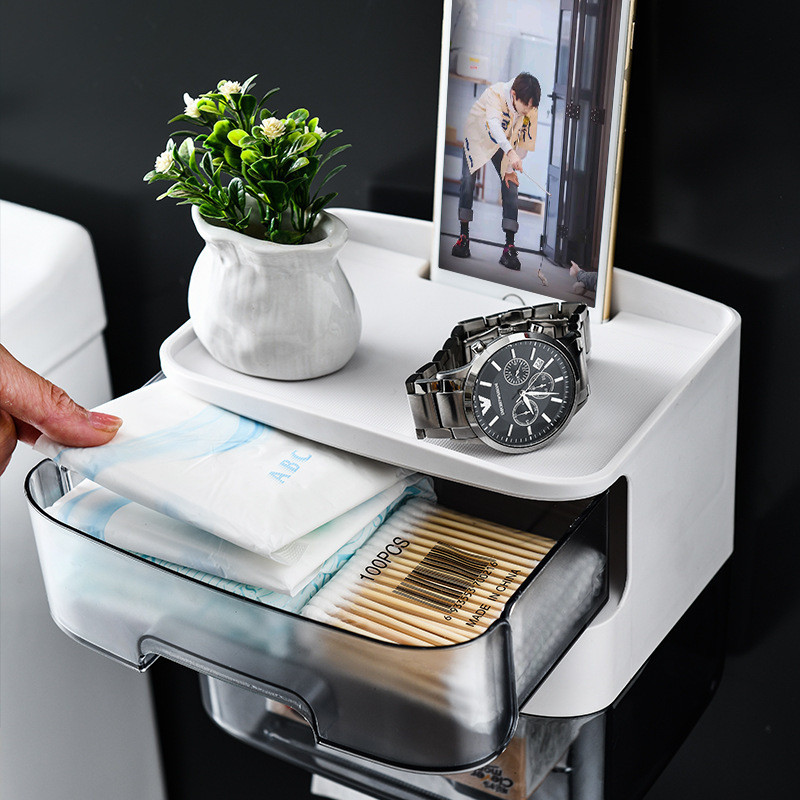 Ziemeļvalstu stila daudzfunkcionāla salvešu kaste, pie sienas stiprināma atvilktņu kaste, ruļļpapīra kaste, lielas ietilpības glabāšanas plaukts vannas istabas piederumi
