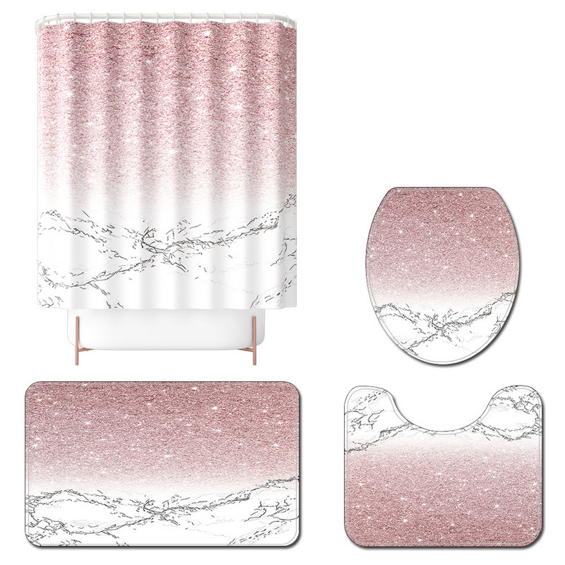 Sudraba marmora apdrukāts paklājs vannas istabai, neslīdošs vannas paklājs, paklājs vannas istabas tualetes paklājs Poliestera ūdensnecaurlaidīgs dušas aizkaru komplekts
