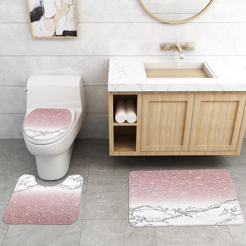 Sudraba marmora apdrukāts paklājs vannas istabai, neslīdošs vannas paklājs, paklājs vannas istabas tualetes paklājs Poliestera ūdensnecaurlaidīgs dušas aizkaru komplekts