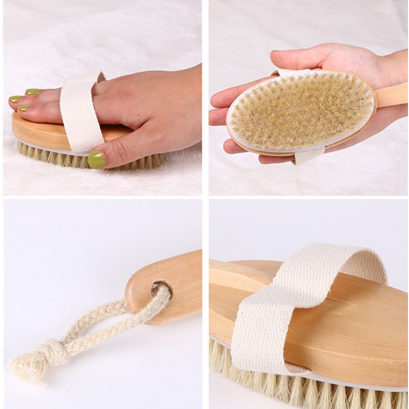 Drvena četka za masažu tijela za tuširanje Četka za kupanje s prirodnim čekinjama SPA Njega kože za žene i muškarce Suha četka za tijelo Piling, meki masažer