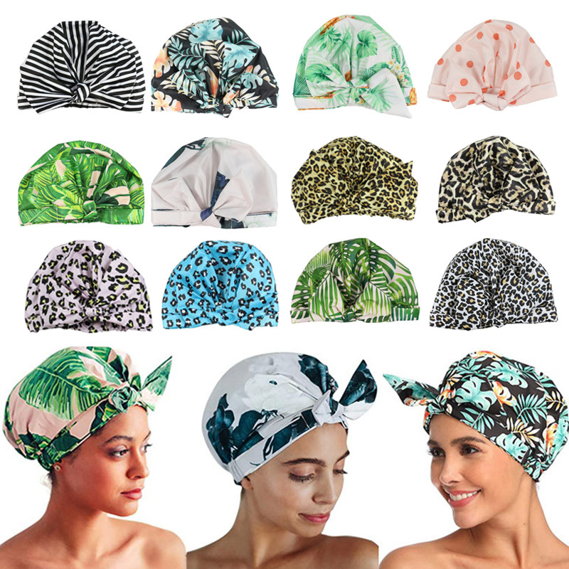 Ūdensizturīga dušas cepure svītraini vannas cepures ar regulējamu elastīgo joslu Stilīga dušas cepure sievietēm gariem bieziem matiem