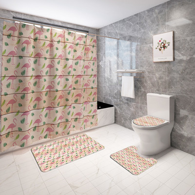 Flamingo Printing vannimatt ja dušikardin vett imav vannitoavaip Home Decor WC matt libisemiskindla põrandavaiba komplekt