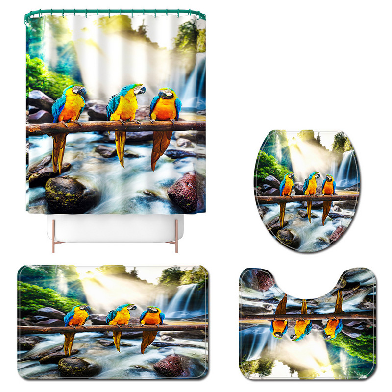 Komplet kupaonskih tepiha s uzorkom papagaja Vodootporna kupaonska zavjesa Zavjesa za tuš Kupaonski tepih Tepih Protuklizna podloga za WC