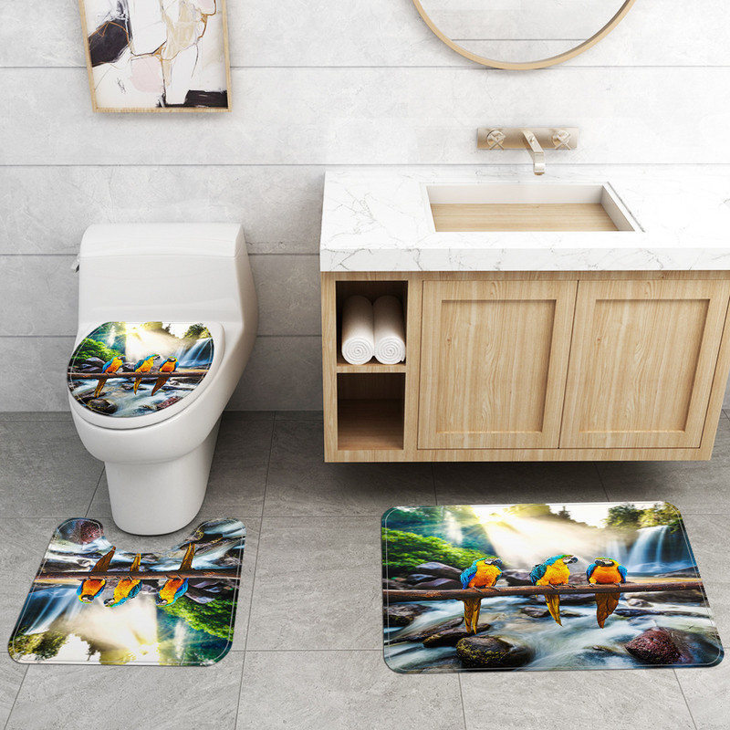 Komplet kupaonskih tepiha s uzorkom papagaja Vodootporna kupaonska zavjesa Zavjesa za tuš Kupaonski tepih Tepih Protuklizna podloga za WC