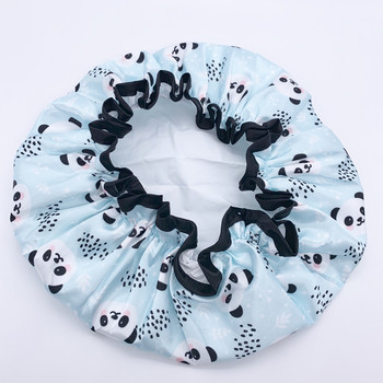 Καπέλα ντους με εκτύπωση Panda για γυναικεία μακριά μαλλιά, επαναχρησιμοποιήσιμη διπλή στρώση αδιάβροχη κουκούλα μπάνιου ντους, κομψή σατέν κουκούλα μαλλιών