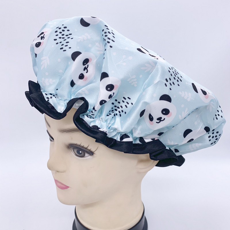 Panda printing dušas cepures sievietēm gariem matiem, atkārtoti lietojama divslāņu ūdensnecaurlaidīga dušas matu vannas cepure, stilīgs satīna matu pārsegs