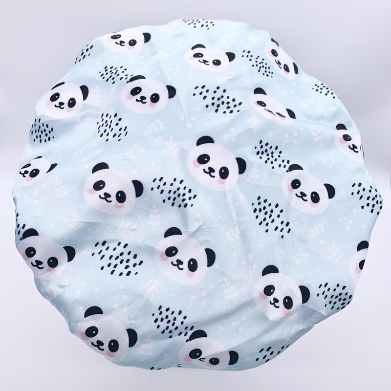 Panda printing dušas cepures sievietēm gariem matiem, atkārtoti lietojama divslāņu ūdensnecaurlaidīga dušas matu vannas cepure, stilīgs satīna matu pārsegs