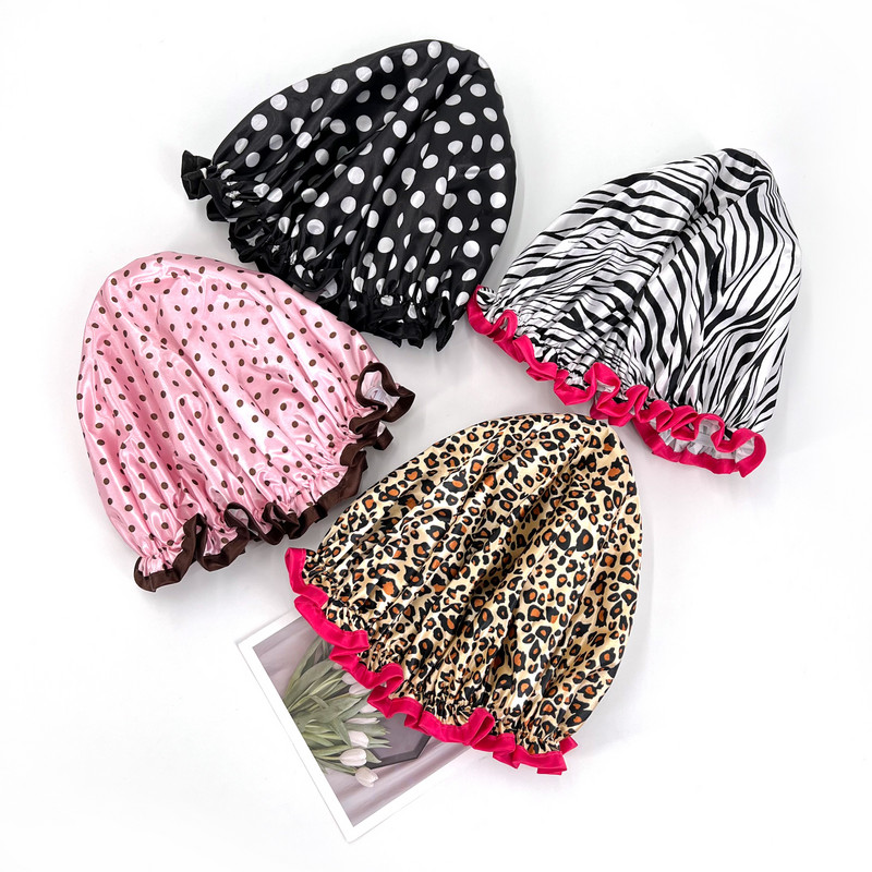 1PC Ūdensizturīgs dušas vāciņš Divslāņu matu pārklājums Salons Elastīga bieza cepure sievietēm Vannas cepure atkārtoti lietojama satīna motora pārsegu modes jaunums