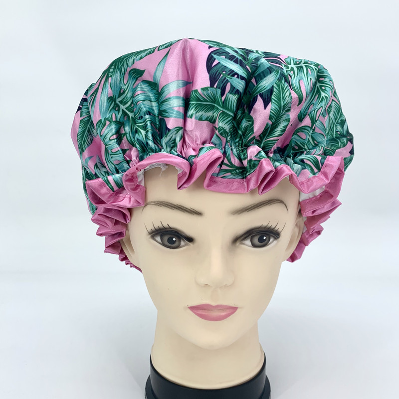 Digitāli apdrukāta poliestera satīna auduma dubultslāņa Palmu lapu dušas cepures