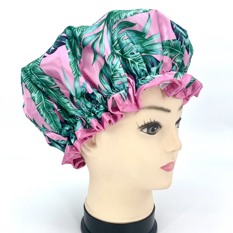 Digitāli apdrukāta poliestera satīna auduma dubultslāņa Palmu lapu dušas cepures