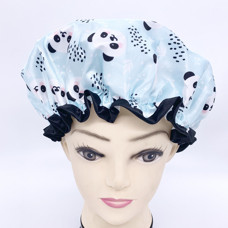 4 gab. Augstas kvalitātes pielāgotas digitālās Apdrukātas poliestera satīna auduma divslāņu pandas caurspīdīgas dušas cepures