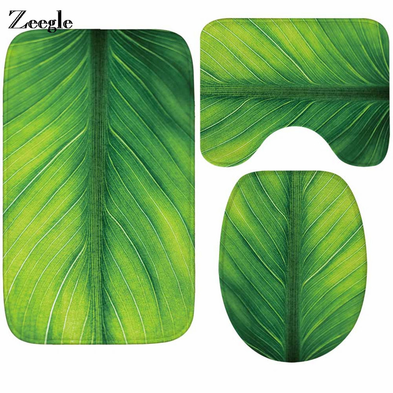 Zeegle zaļo lapu raksta paklājiņi vannas istabai un tualetei absorbējoši tualetes vannas paklājiņu komplekts Dušas paklājiņi Grīdas paklājiņi vannas istabas paklājiem