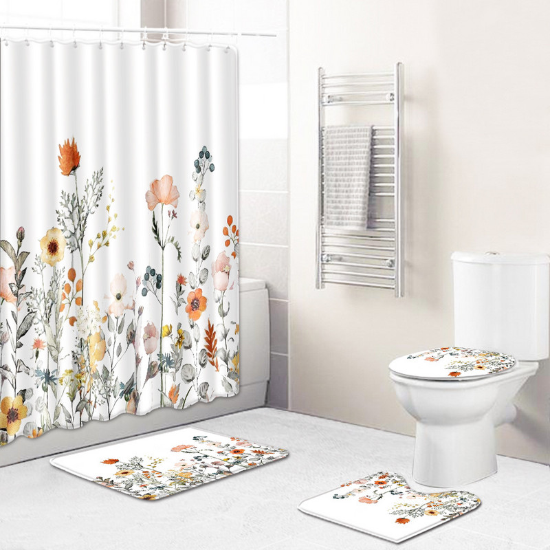 Ziedu vannas istabas komplekts Vannas paklājiņš un dušas aizkaru komplekts ar āķiem Neslīdošs dušas istabas kāju paliktņi Vannas istabas tualetes paklāju paklāji 4 gab.