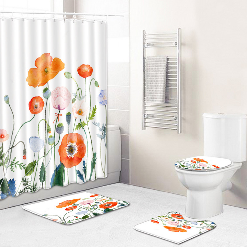 Ziedu vannas istabas komplekts Vannas paklājiņš un dušas aizkaru komplekts ar āķiem Neslīdošs dušas istabas kāju paliktņi Vannas istabas tualetes paklāju paklāji 4 gab.