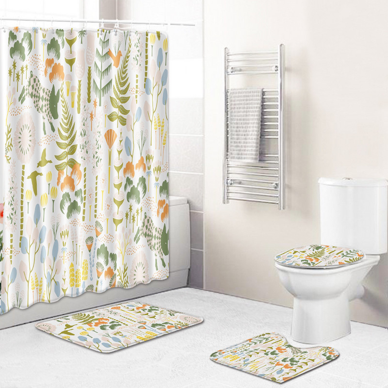 Ziedu vannas istabas komplekts Vannas paklājiņš un dušas aizkaru komplekts ar āķiem Neslīdošs dušas istabas kāju paliktņi Vannas istabas tualetes paklāju paklāji 4 gab.