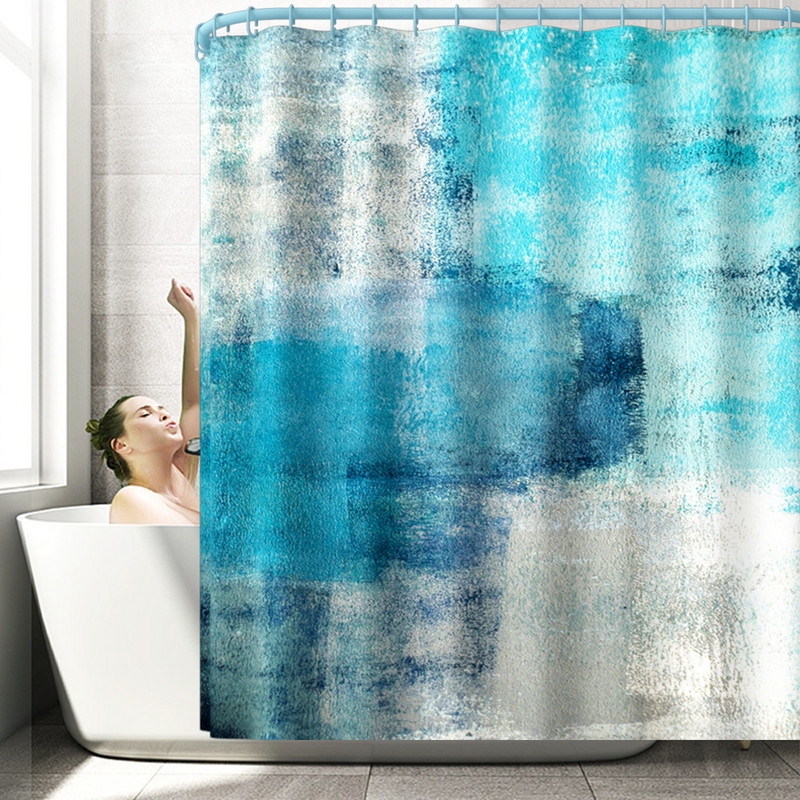 Vienkāršs zils abstrakts vannas istabas paklājs, absorbējošs vannasistabas paklāju komplekts dušas aizkars ar āķiem, pretslīdes vannas istabas paklājs dušas paklājiņš