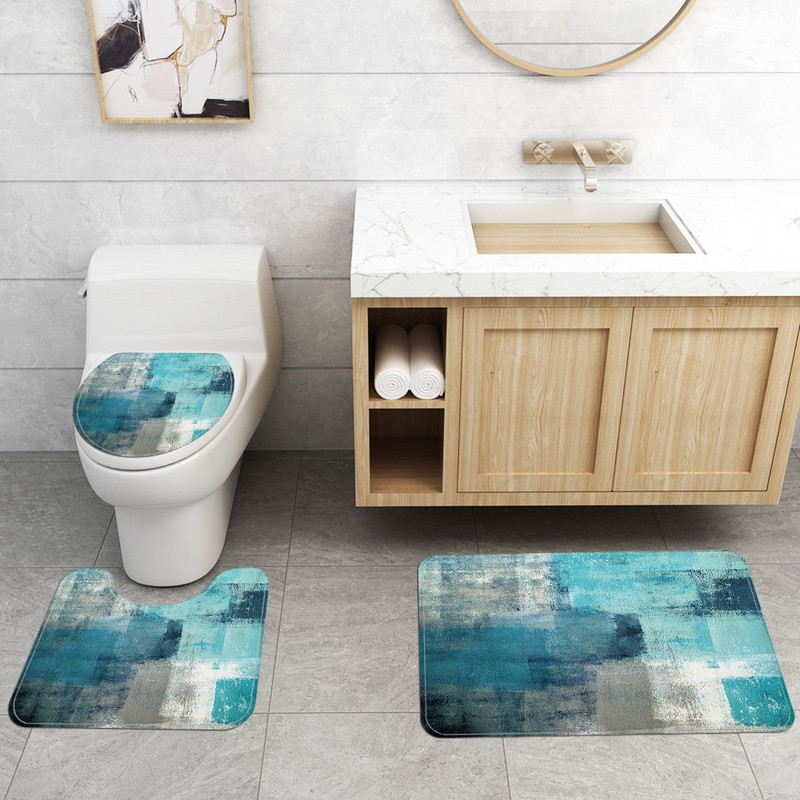 Vienkāršs zils abstrakts vannas istabas paklājs, absorbējošs vannasistabas paklāju komplekts dušas aizkars ar āķiem, pretslīdes vannas istabas paklājs dušas paklājiņš