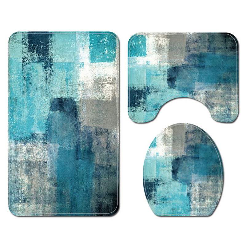 Vienkāršs zils abstrakts vannas istabas paklājs, absorbējošs vannasistabas paklāju komplekts dušas aizkars ar āķiem, pretslīdes vannas istabas paklājs dušas paklājiņš