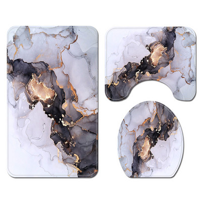 Vannas paklājiņš un ūdensnecaurlaidīgs dušas aizkaru komplekts ar marmora apdruku Tualetes paklāju komplekts Absorbējošs U-veida tualetes paklājs Pretslīdošs grīdas paklāja paklājs