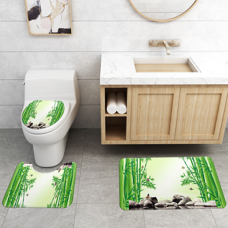 Ljetni stil Zeleni bambusov uzorak Set prostirki za kupaonicu i zavjesa za tuširanje Set prostirki za kupaonske tepihe WC prostirke Kupaonske prostirke za noge