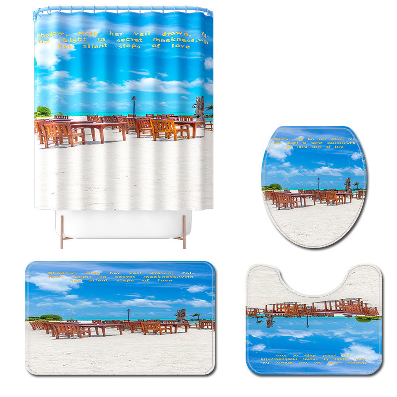 Ainavisks raksts moderna stila mājas dekors Vannas paklājiņi Dušas aizkaru komplekts ar āķiem Neslīdošs Tualetes sēdekļa pārklāja paklājiņš Vannas istabas paklājiņu komplekts