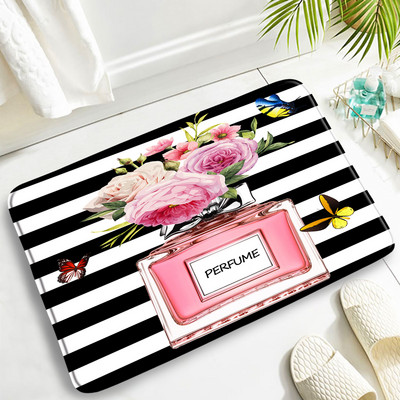 Ziedu Smaržas Vannas Paklājiņi Komplekti Butterfly Pink Ziedu melnbalts Svītrains Drukas Durvju Paklājs Vannas istabas Dekors Pretslīdošs Tualetes Paklājiņš