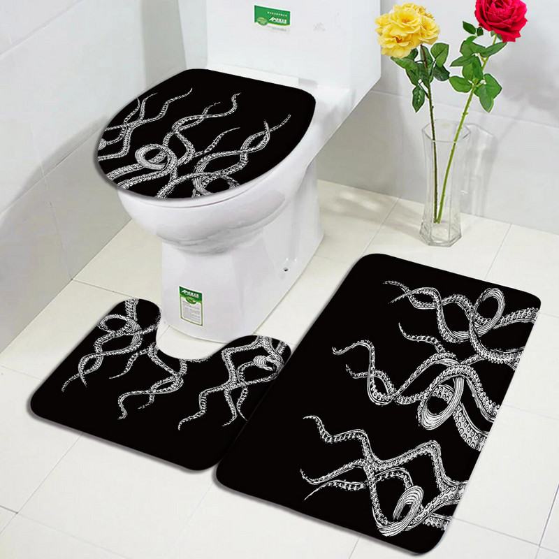 Astoņkājis jūras bruņurupuča vannas paklājiņu komplekts Jūras dzīvnieki Ūdens zāle Retro karte Radošs vannas istabas dekors Durvju paklāji Neslīdošs tualetes vāka paklājiņš