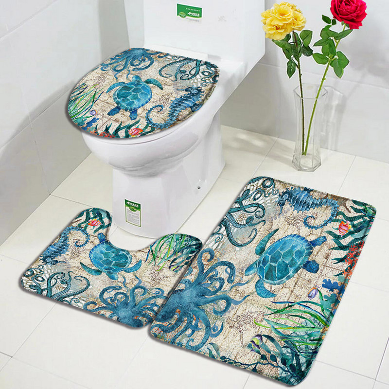Astoņkājis jūras bruņurupuča vannas paklājiņu komplekts Jūras dzīvnieki Ūdens zāle Retro karte Radošs vannas istabas dekors Durvju paklāji Neslīdošs tualetes vāka paklājiņš