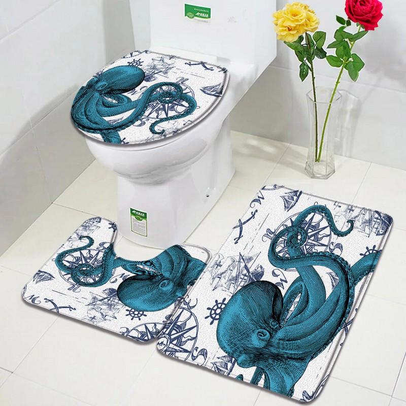 Astoņkājis jūras bruņurupuča vannas paklājiņu komplekts Jūras dzīvnieki Ūdens zāle Retro karte Radošs vannas istabas dekors Durvju paklāji Neslīdošs tualetes vāka paklājiņš