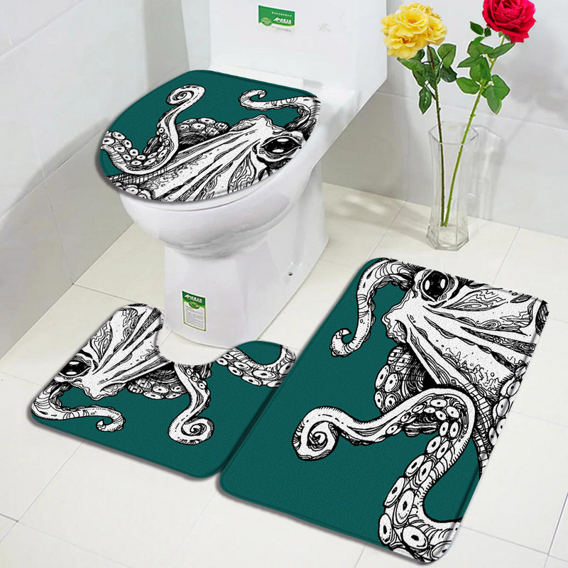 Astoņkājis jūras bruņurupuča vannas paklājiņu komplekts Jūras dzīvnieki Ūdens zāle Retro karte Radošs vannas istabas dekors Durvju paklāji Neslīdošs tualetes vāka paklājiņš