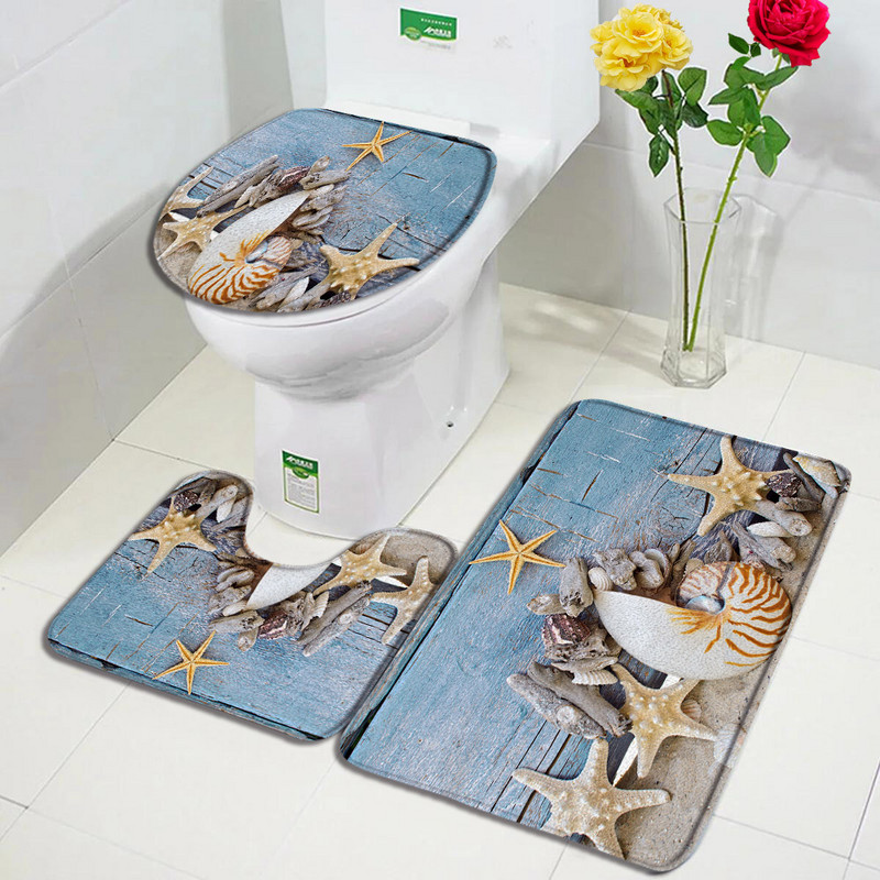 Ranna meritäht vannimati komplekt Ookeani meri meritäht merelained loodusmaastik Vannitoa sisustus Vaip libisemiskindlad vaibad WC kaane kate