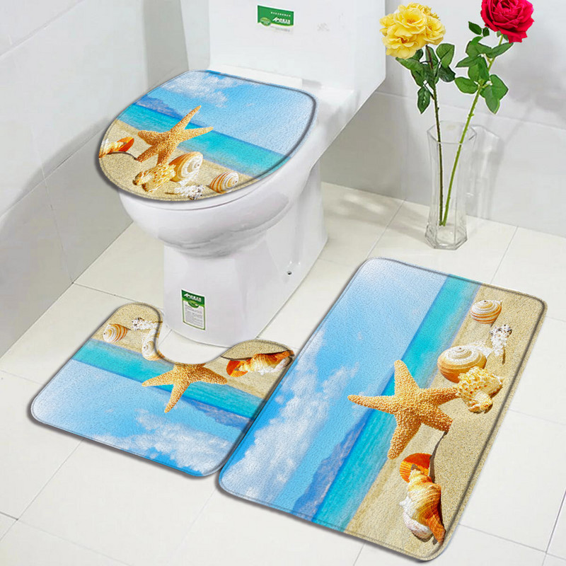 Ranna meritäht vannimati komplekt Ookeani meri meritäht merelained loodusmaastik Vannitoa sisustus Vaip libisemiskindlad vaibad WC kaane kate