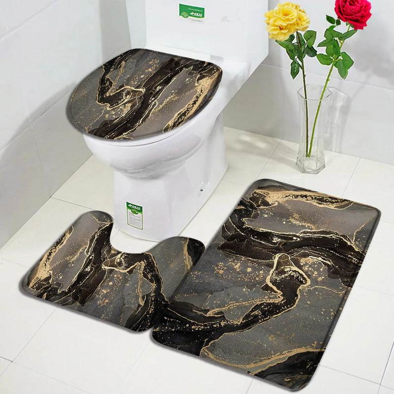Abstrakts marmora vannas paklājiņa komplekts zelta līnijas, zilas zaļas ģeometriska raksta vannas istabas dekoratīvais paklājs, neslīdošs paklājs tualetes vāka pārsegs