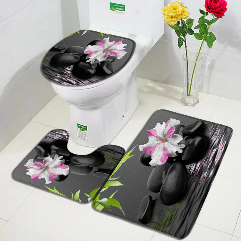 Zen zaļš bambusa vannas paklājiņa komplekts rozā lotosa svece melns akmens dabas ainavas paklājs vannas istabas dekors Neslīdoši paklāji tualetes vāka vāks