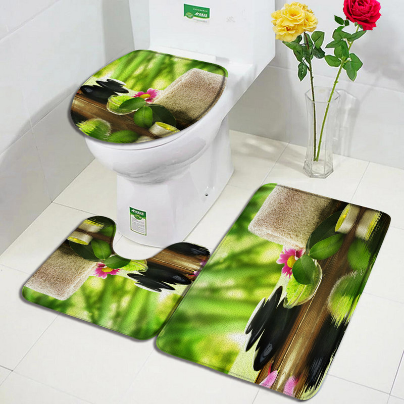 Zen zaļš bambusa vannas paklājiņa komplekts rozā lotosa svece melns akmens dabas ainavas paklājs vannas istabas dekors Neslīdoši paklāji tualetes vāka vāks