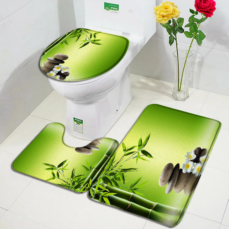 Zen zaļš bambusa vannas paklājiņa komplekts rozā lotosa svece melns akmens dabas ainavas paklājs vannas istabas dekors Neslīdoši paklāji tualetes vāka vāks