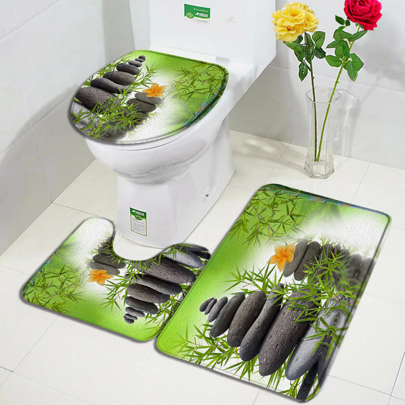 Zen zaļš bambusa vannas paklājiņa komplekts rozā lotosa svece melns akmens dabas ainavas paklājs vannas istabas dekors Neslīdoši paklāji tualetes vāka vāks