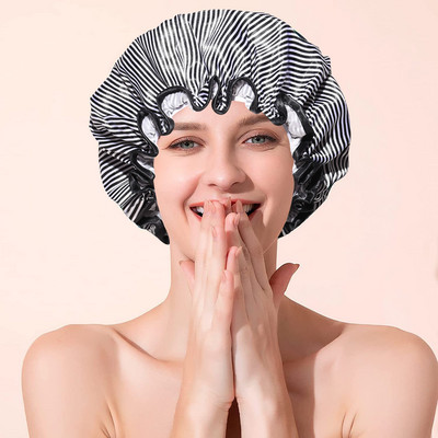 Dušas cepure, gari, īsi mati, divslāņu ūdensnecaurlaidīgi liela izmēra atkārtoti lietojami mazgājami bez smaržas varavīksnes modes dušas cepures