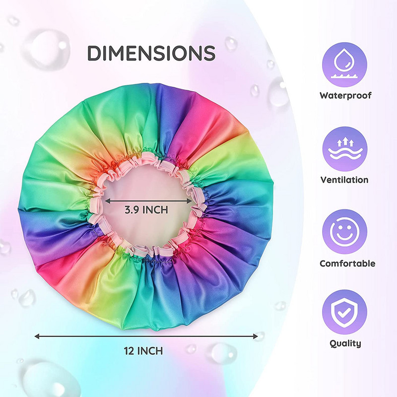Dušas cepure, gari, īsi mati, divslāņu ūdensnecaurlaidīgi liela izmēra atkārtoti lietojami mazgājami bez smaržas varavīksnes modes dušas cepures