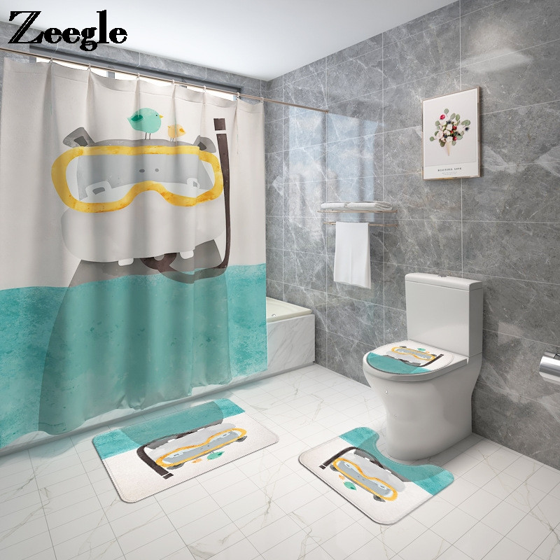 Vannas istabas paklājiņš Vannas paklājiņi un jauka lāča apdruka Shwer aizkaru komplekts Absorbējošs tualetes sēdekļa pārsegs Mājas dekors Vannas istabas paklāja paklājs