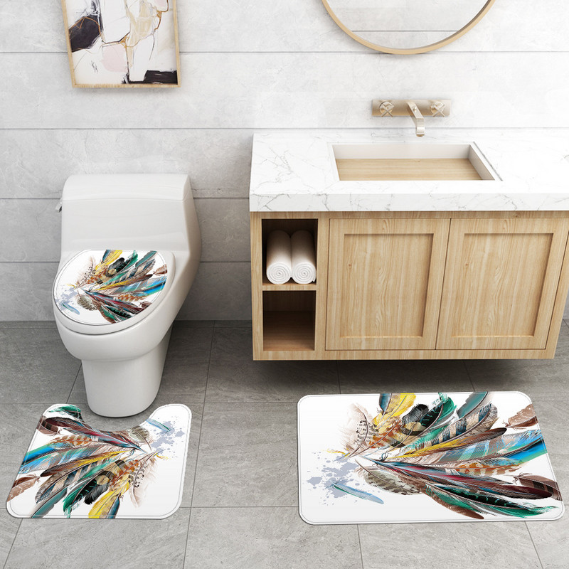 Ar spalvu apdrukātu paklāju grīdas paklāji Durvju paklāji Vannas istabas dušas starpsienas dušas aizkari Poliesters ar vannas istabas paklājiņu komplektu 4 gab.