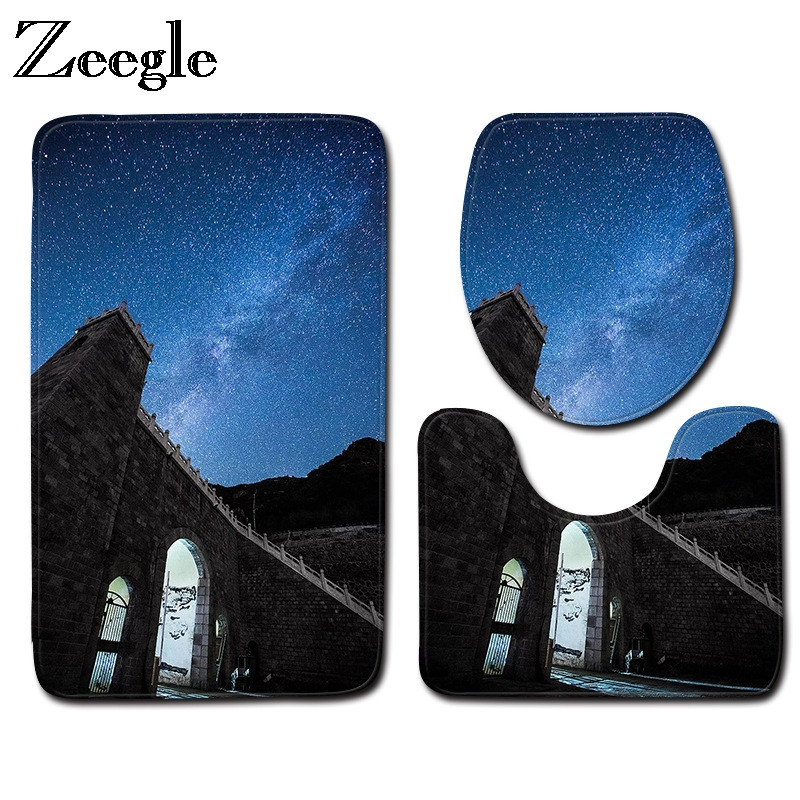 Zeegle 3gab./komplekts Vannas istabas paklājiņu komplekts Nakts skats Raksts Tualetes grīdas paklāji Spilvens vāks Tualetes pārvalks Flaneļa vannas paklājiņa komplekts Vannas istabas paklājs