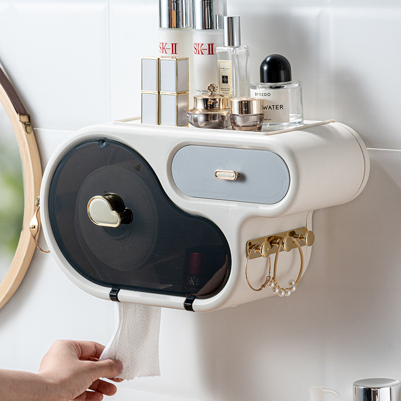Pie sienas stiprināms salvešu turētājs ar āķi daudzfunkcionālu atvilktni Glabāšanas augšpuse Vannas istabas Ūdensnecaurlaidīga rullopapīra organizatora turētājs