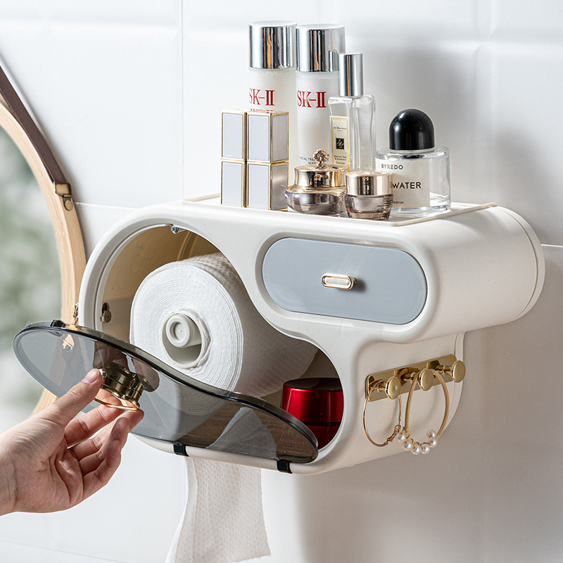 Pie sienas stiprināms salvešu turētājs ar āķi daudzfunkcionālu atvilktni Glabāšanas augšpuse Vannas istabas Ūdensnecaurlaidīga rullopapīra organizatora turētājs