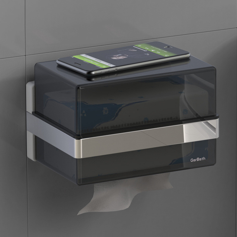 Caurspīdīgs pie sienas stiprināms salvešu kastīte, ūdensnecaurlaidīga augšējā glabāšana mobilā telefona turētājs tualetes rullopapīra turētājs vannas istabas salvešu futrālis